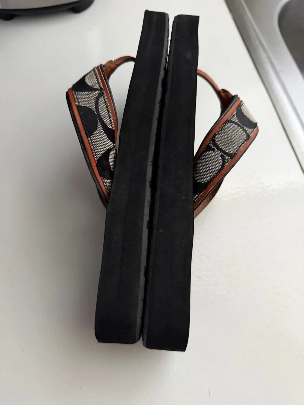 Coach Black Footbed Brown Leather-Trim Logo Strap Flip Flops